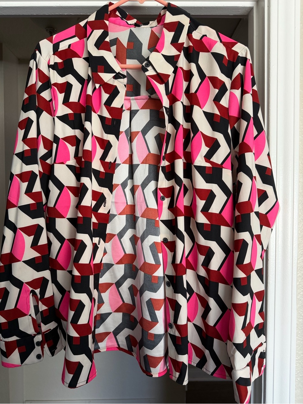 Express Geometric Print Blouse in Pink, Black, Cream & Red